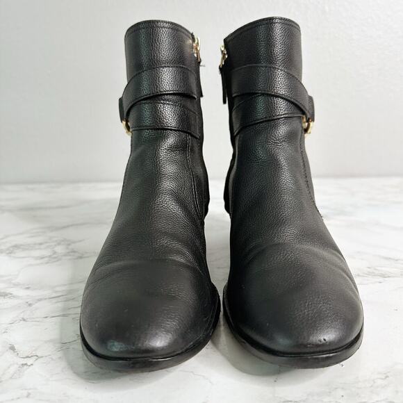 Tory Burch Gemini Goldtone Link Black Leather Flat Ankle Boots women’s size 8 - Picture 4 of 16
